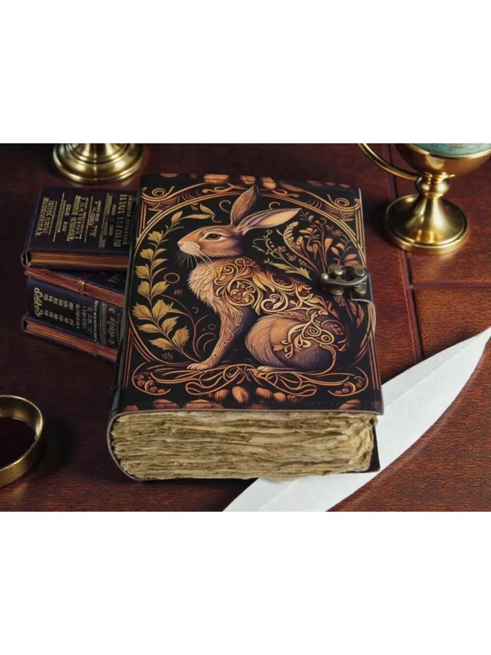 Mystic Hare Leather Grimoire Journal – Handmade Book of Shadows